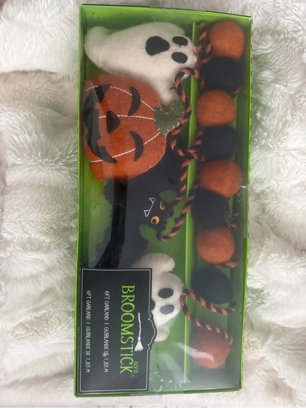 Broomstick Blvd- Halloween Felt Garland -ghosts, pumpkins,bats, pom-poms 6ft NIB